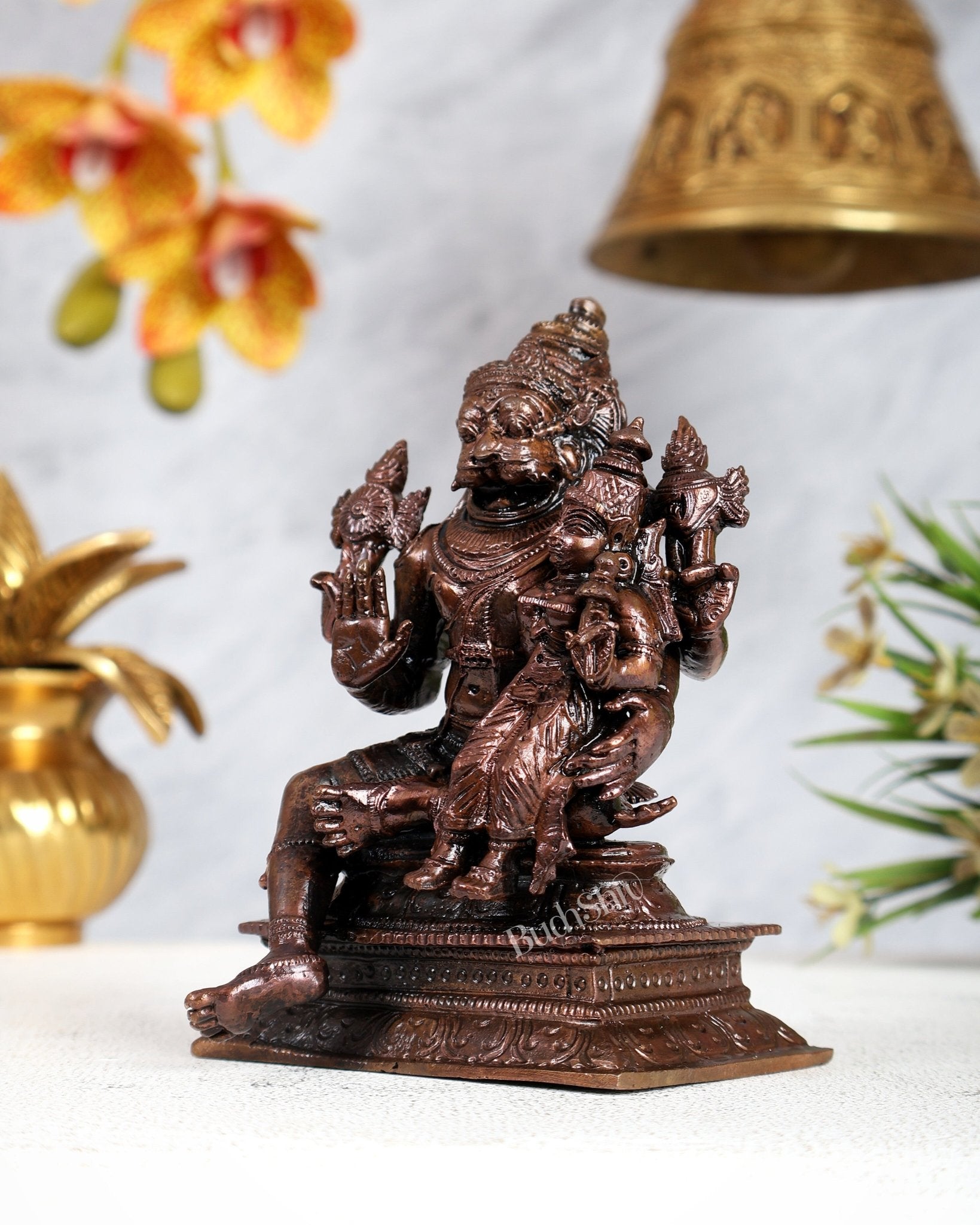 Pure Copper Lakshmi Narasimha Swamy Idol – Divine Protection Sculpture (5 Inches) - Budhshiv.com