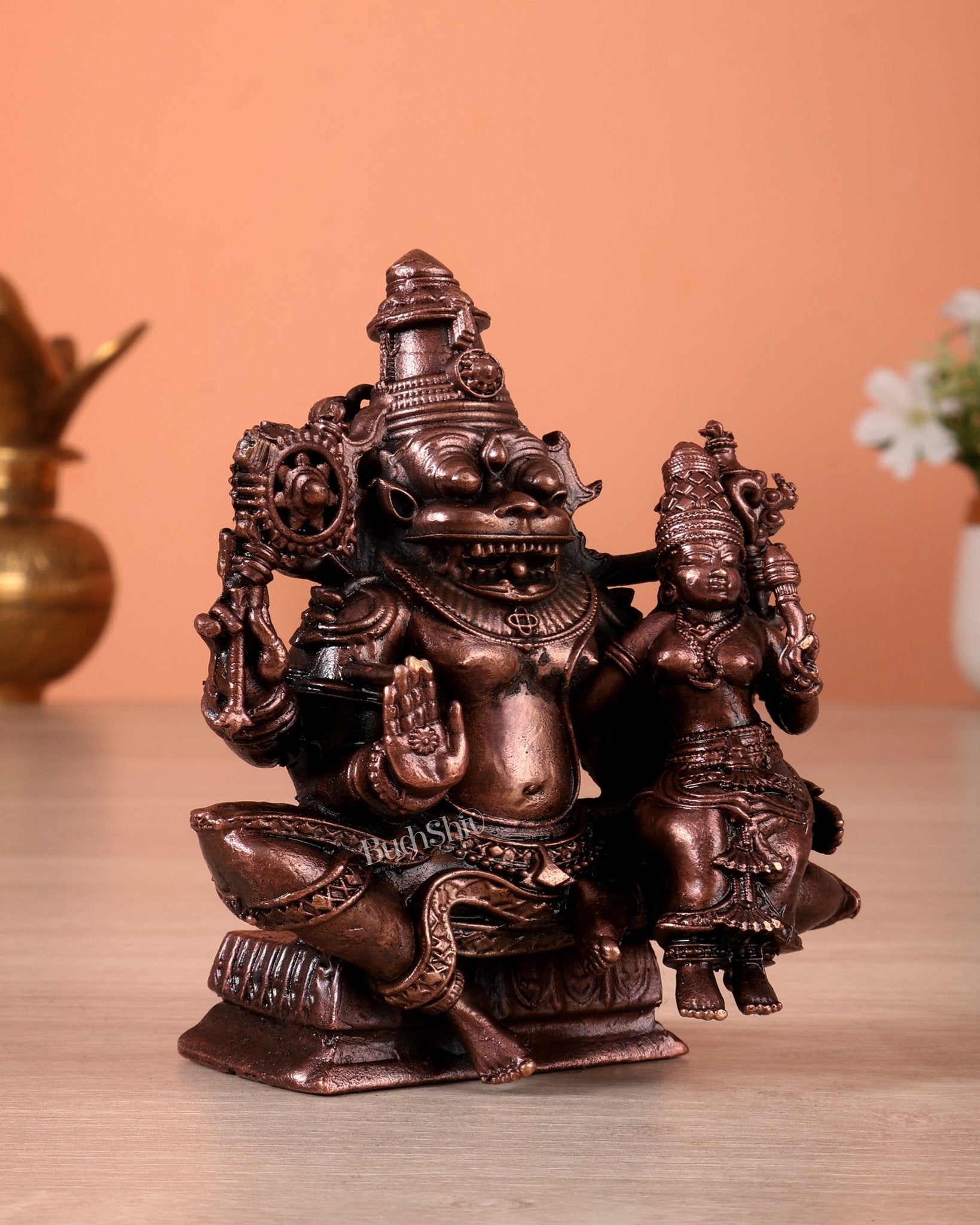 Pure Copper Lakshmi Narasimha Swamy Idol (Highly Detailed, 4 Inch) - Budhshiv.com