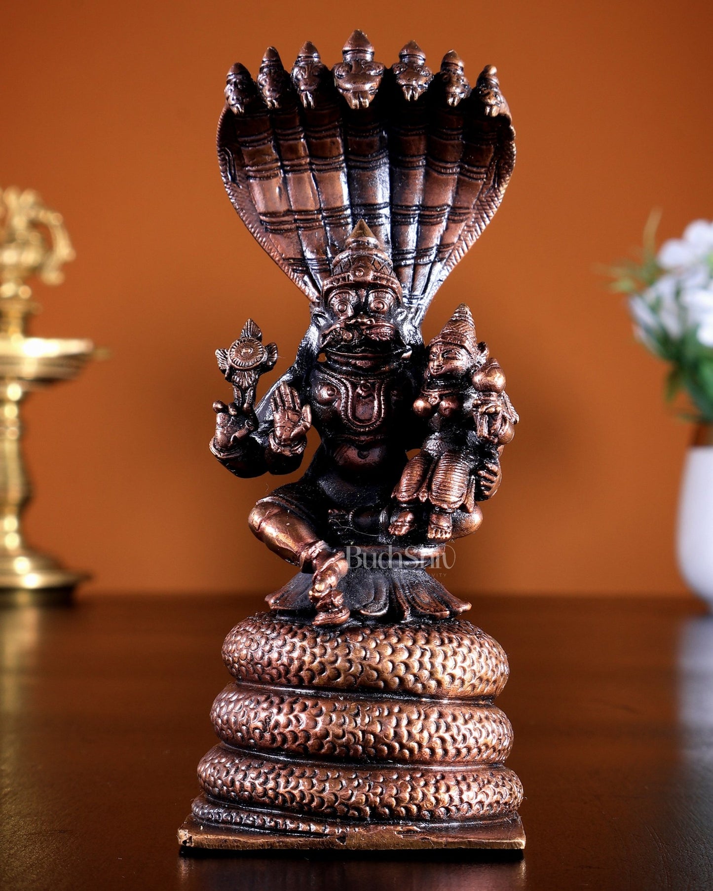 Pure Copper Lakshmi Narasimha Swamy Idol | Sheshanaaga Peeta 5 inch - Budhshiv.com