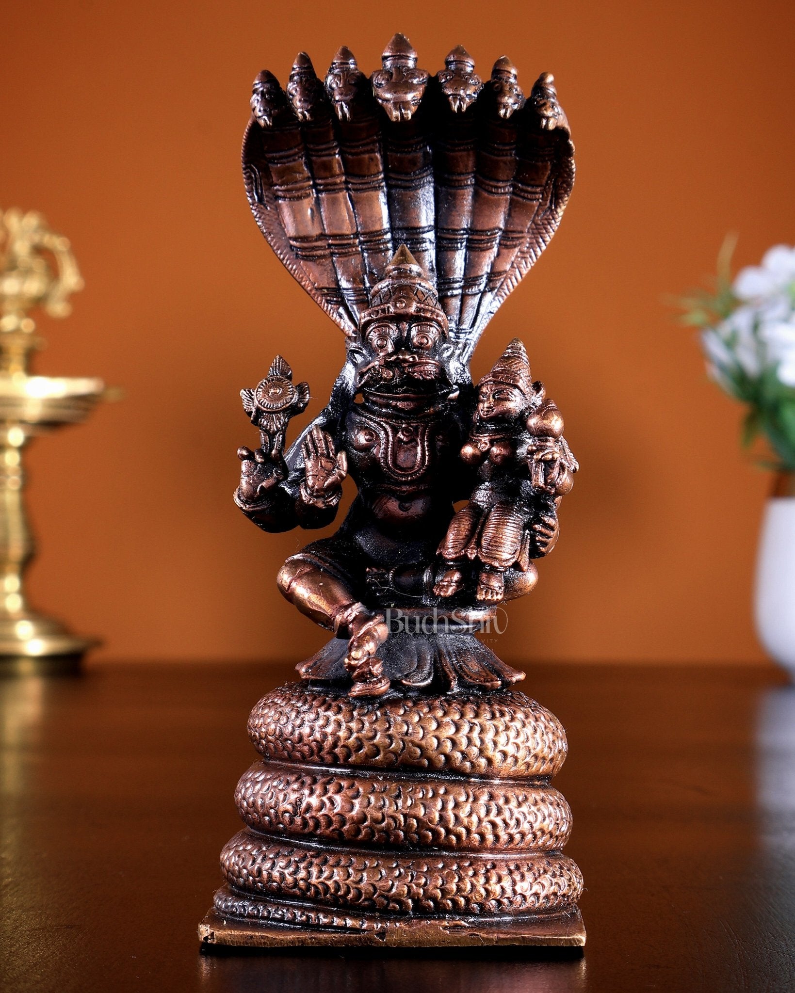 Pure Copper Lakshmi Narasimha Swamy Idol | Sheshanaaga Peeta 5 inch - Budhshiv.com