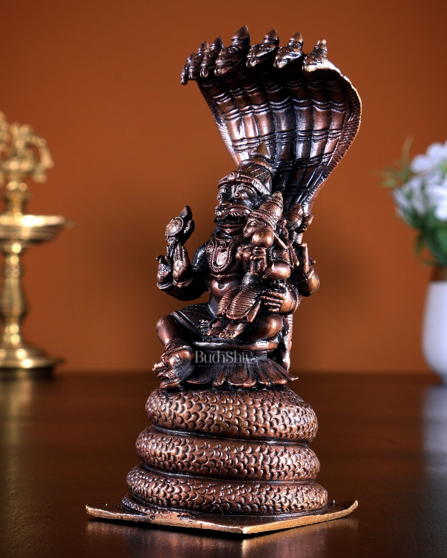 Pure Copper Lakshmi Narasimha Swamy Idol | Sheshanaaga Peeta 5 inch - Budhshiv.com