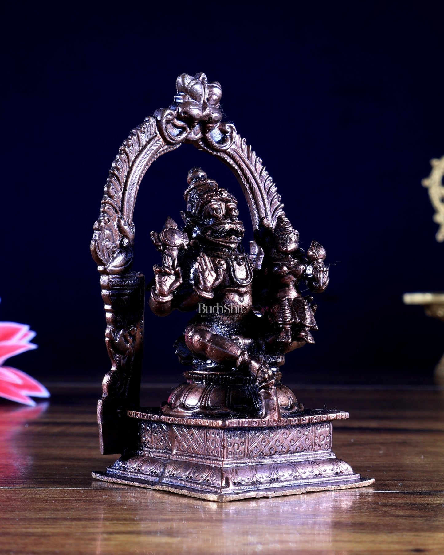 Pure Copper Lakshmi Narasimha Swamy with Prabhavali Idol 4.5 inch - Budhshiv.com