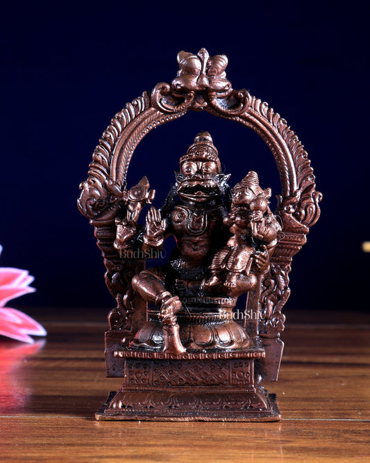 Pure Copper Lakshmi Narasimha Swamy with Prabhavali Idol 4.5 inch - Budhshiv.com