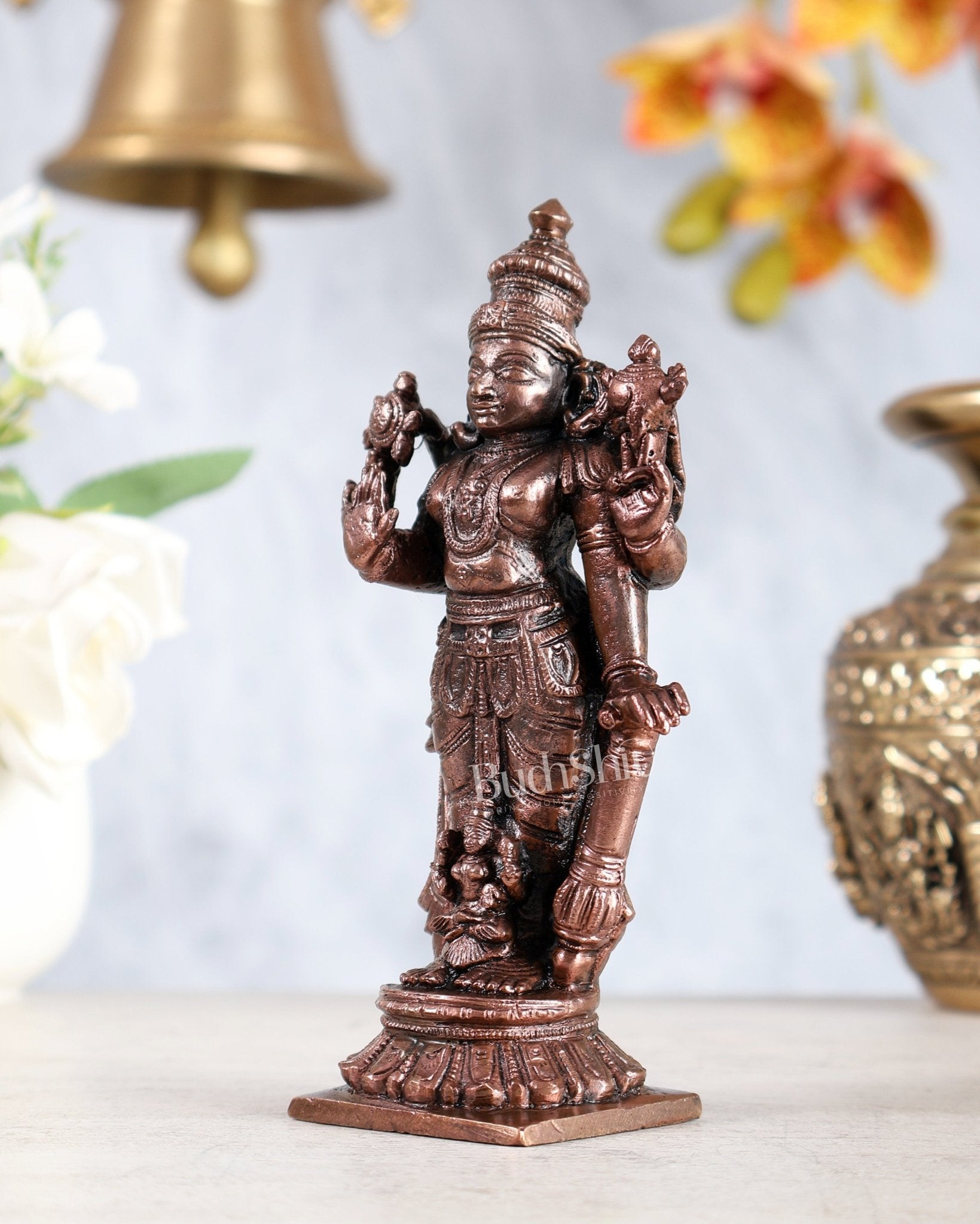 Pure Copper Lakshmi Narayan Idol – Standing Vishnu with Seated Lakshmi idol 5.5" - Budhshiv.com