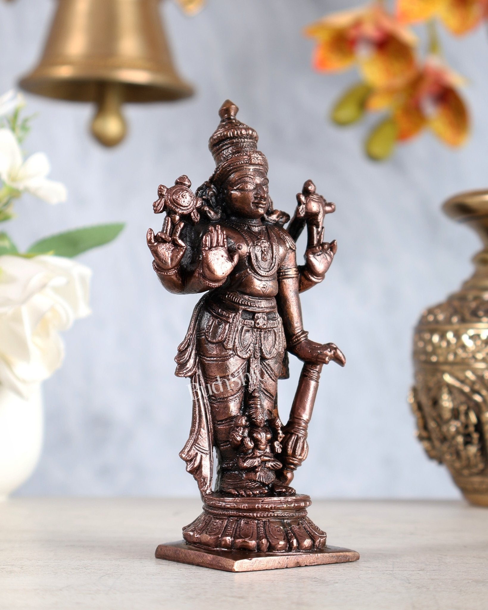 Pure Copper Lakshmi Narayan Idol – Standing Vishnu with Seated Lakshmi idol 5.5" - Budhshiv.com