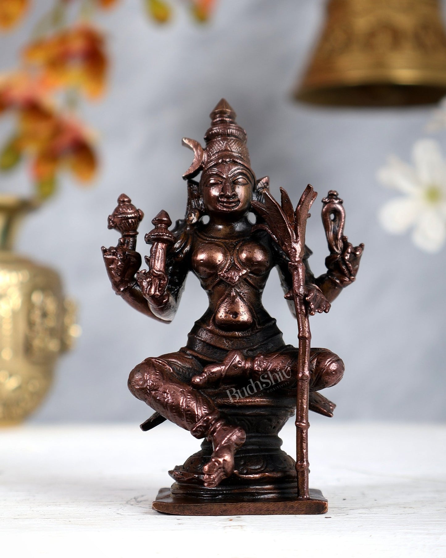 Pure Copper Lalita Devi Tripura Sundari Idol – Sri Vidya Goddess Sculpture (4 Inches) - Budhshiv.com