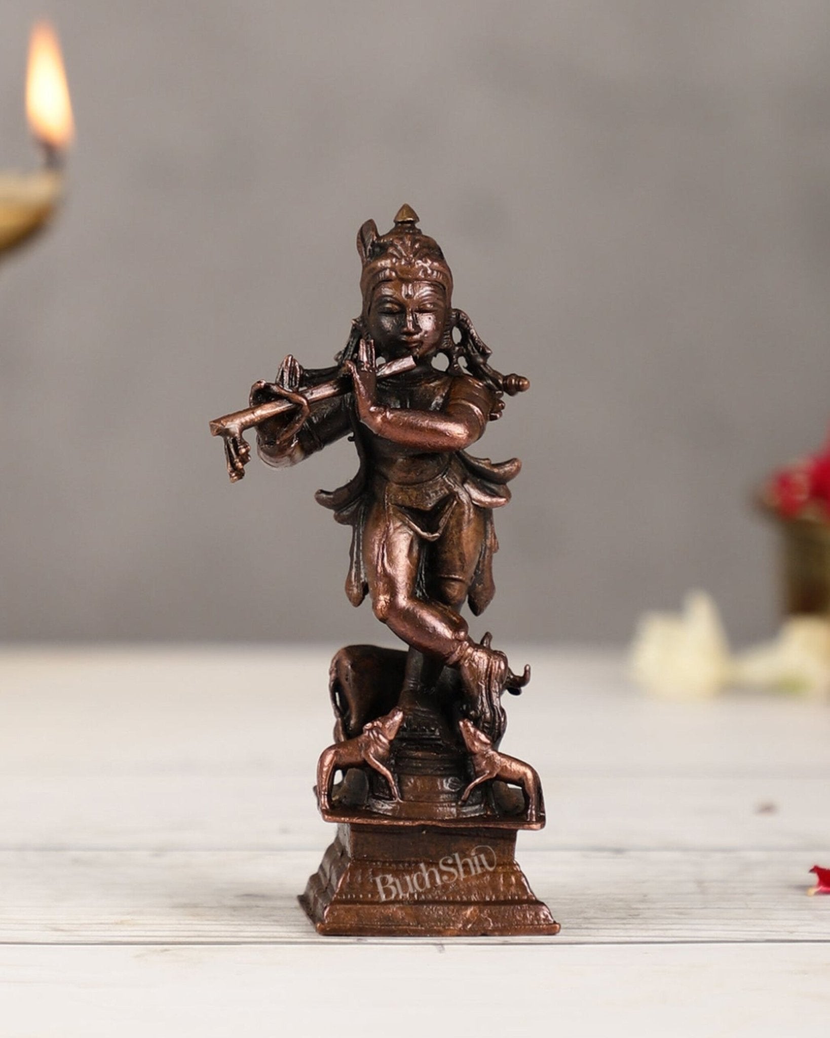 Pure Copper Lord Krishna with Cow Idol | Height 4.5 inch - Budhshiv.com