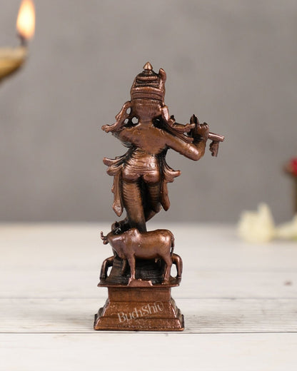 Pure Copper Lord Krishna with Cow Idol | Height 4.5 inch - Budhshiv.com