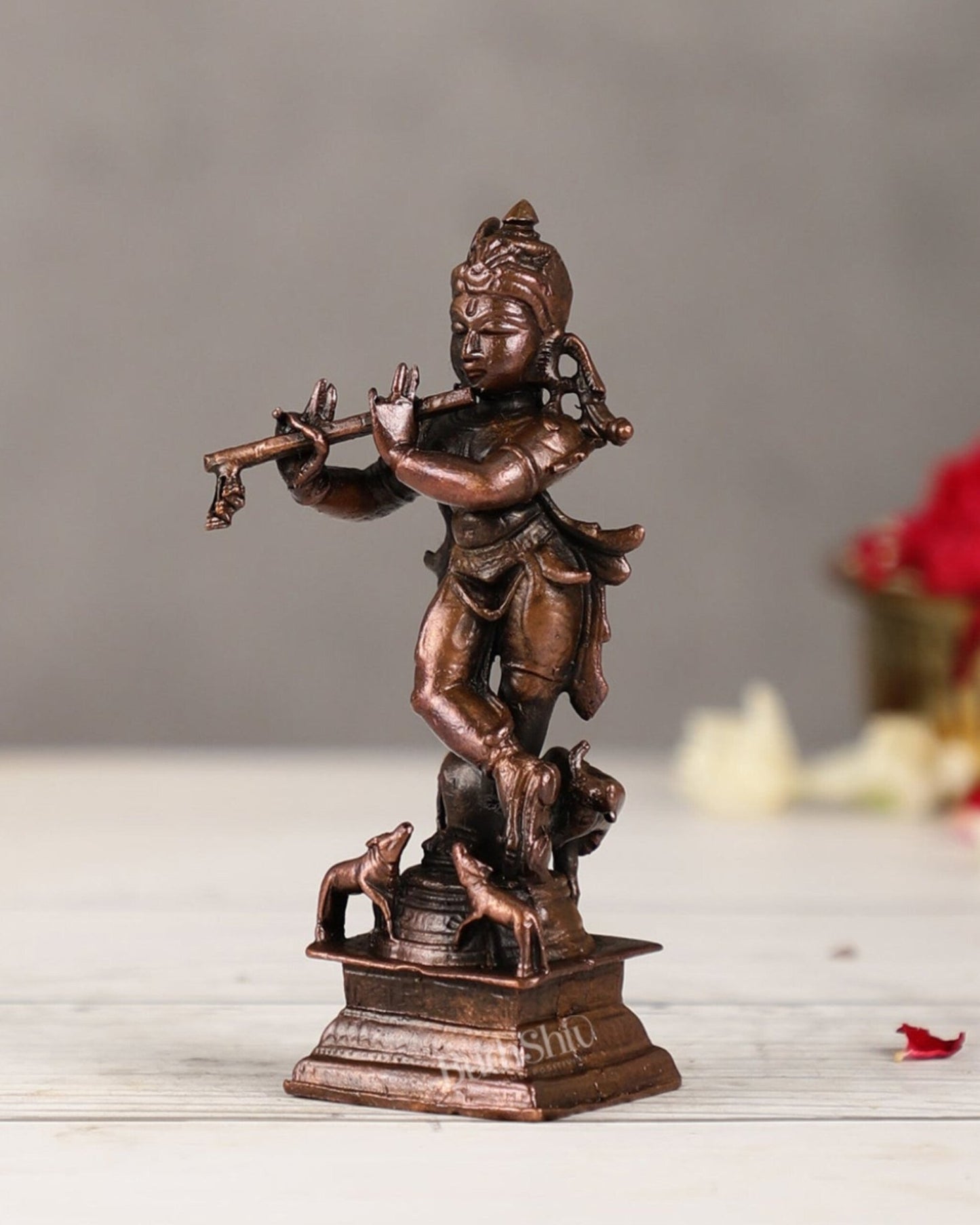 Pure Copper Lord Krishna with Cow Idol | Height 4.5 inch - Budhshiv.com