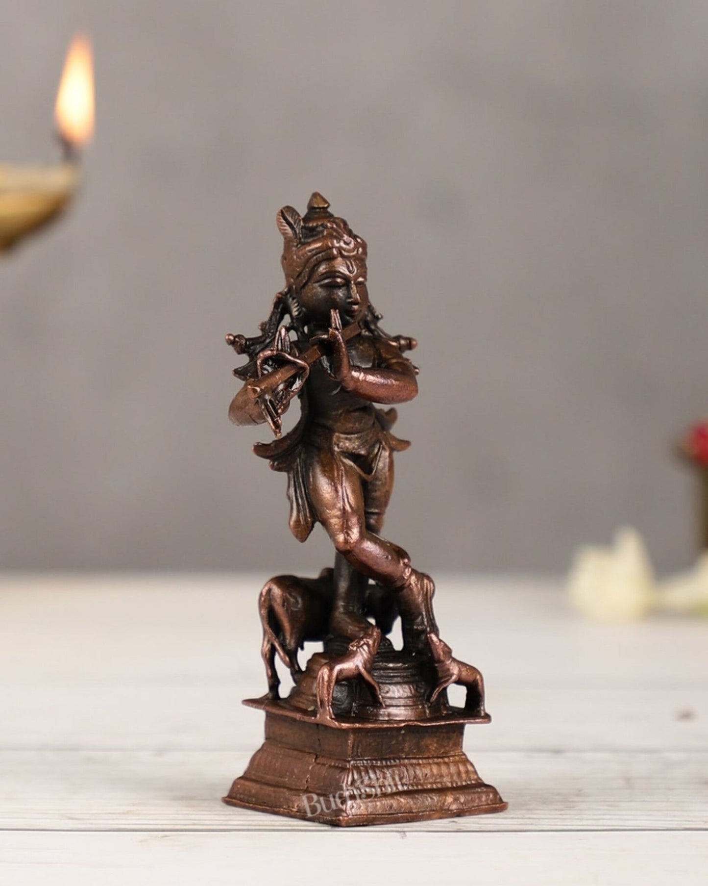 Pure Copper Lord Krishna with Cow Idol | Height 4.5 inch - Budhshiv.com