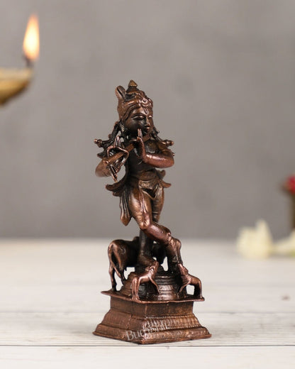 Pure Copper Lord Krishna with Cow Idol | Height 4.5 inch - Budhshiv.com