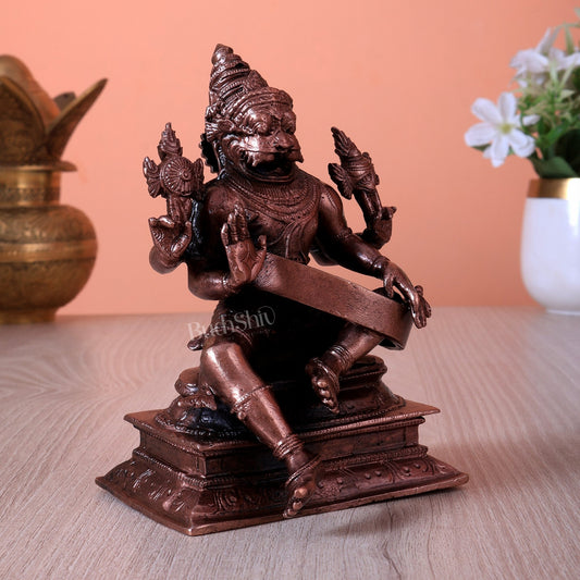 Pure Copper Lord Narasimha Idol (5 Inch, 0.954 Kg) - Budhshiv.com