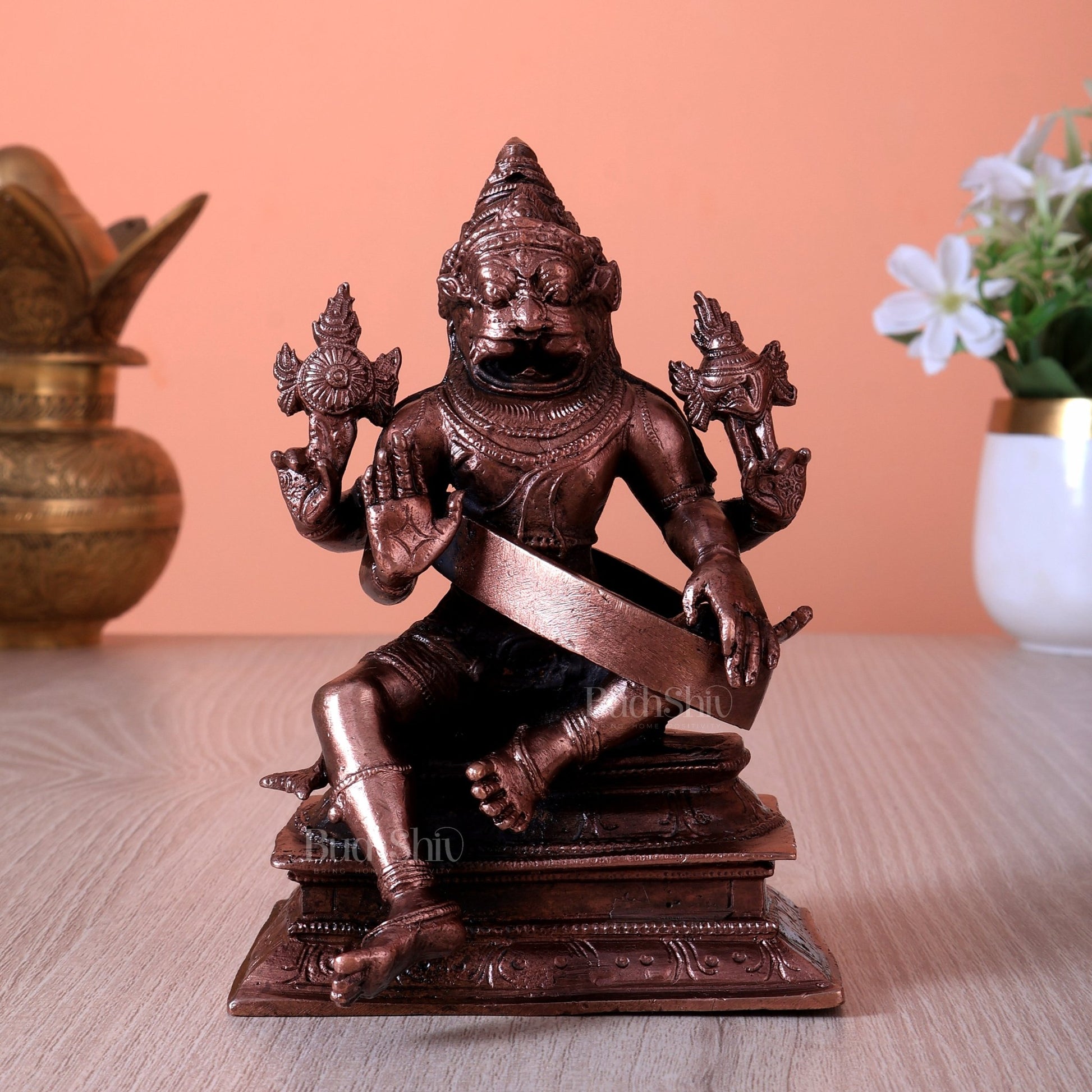 Pure Copper Lord Narasimha Idol (5 Inch, 0.954 Kg) - Budhshiv.com