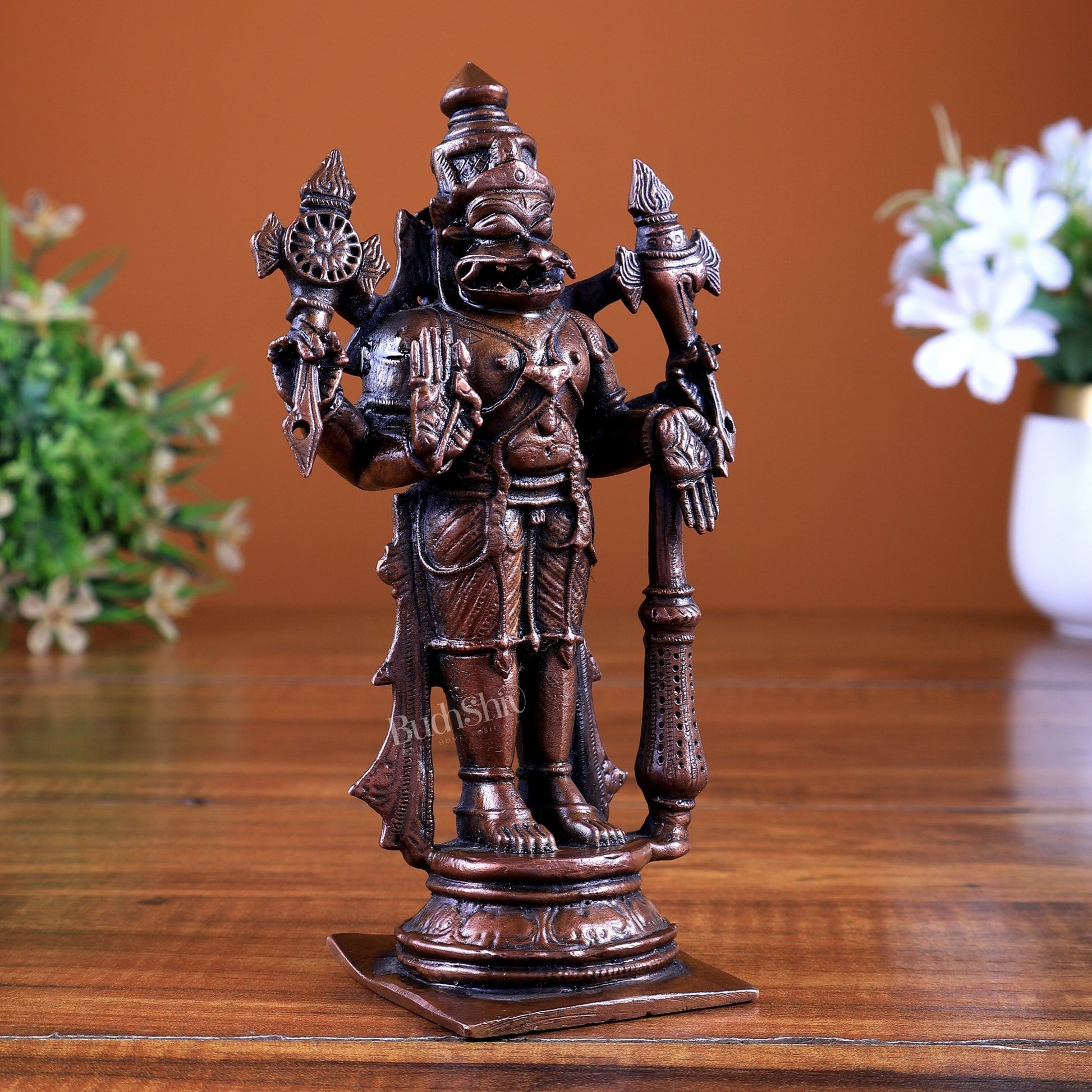Pure Copper Lord Narasimha Standing Idol 6 inch - Budhshiv.com
