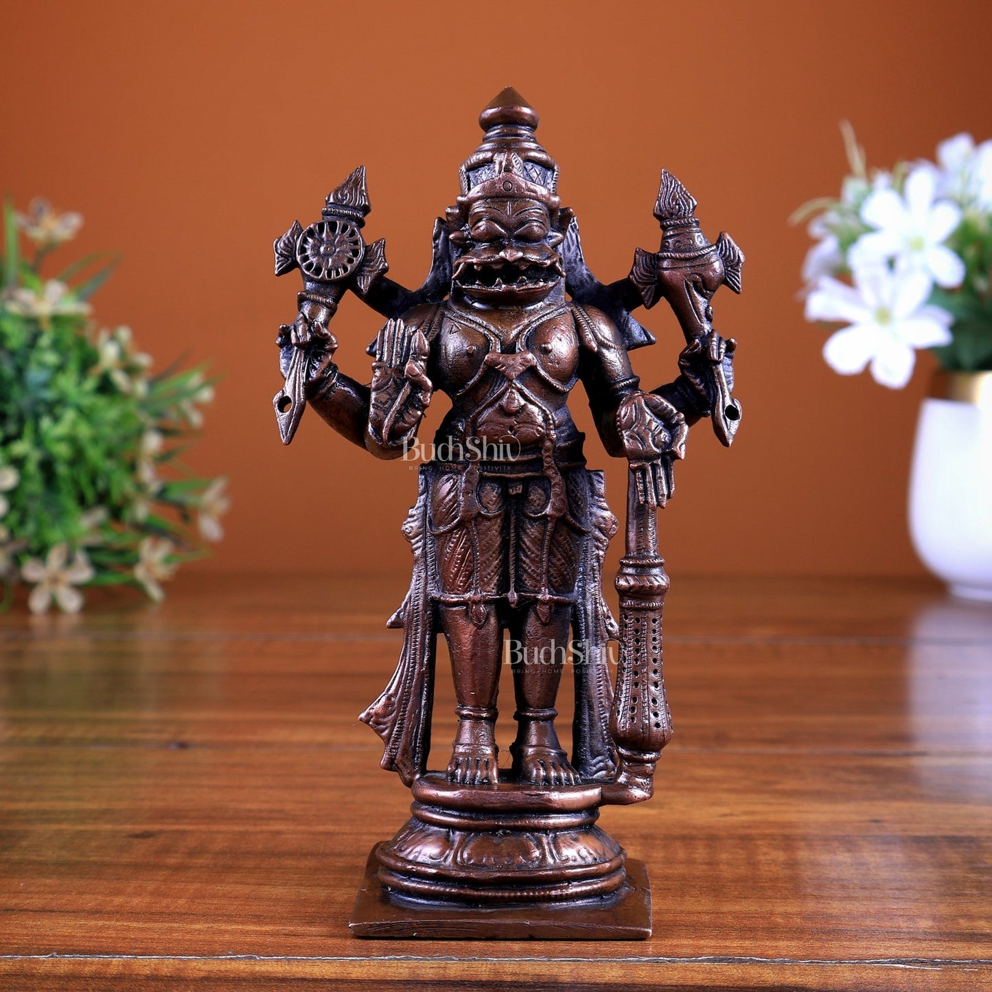 Pure Copper Lord Narasimha Standing Idol 6 inch - Budhshiv.com