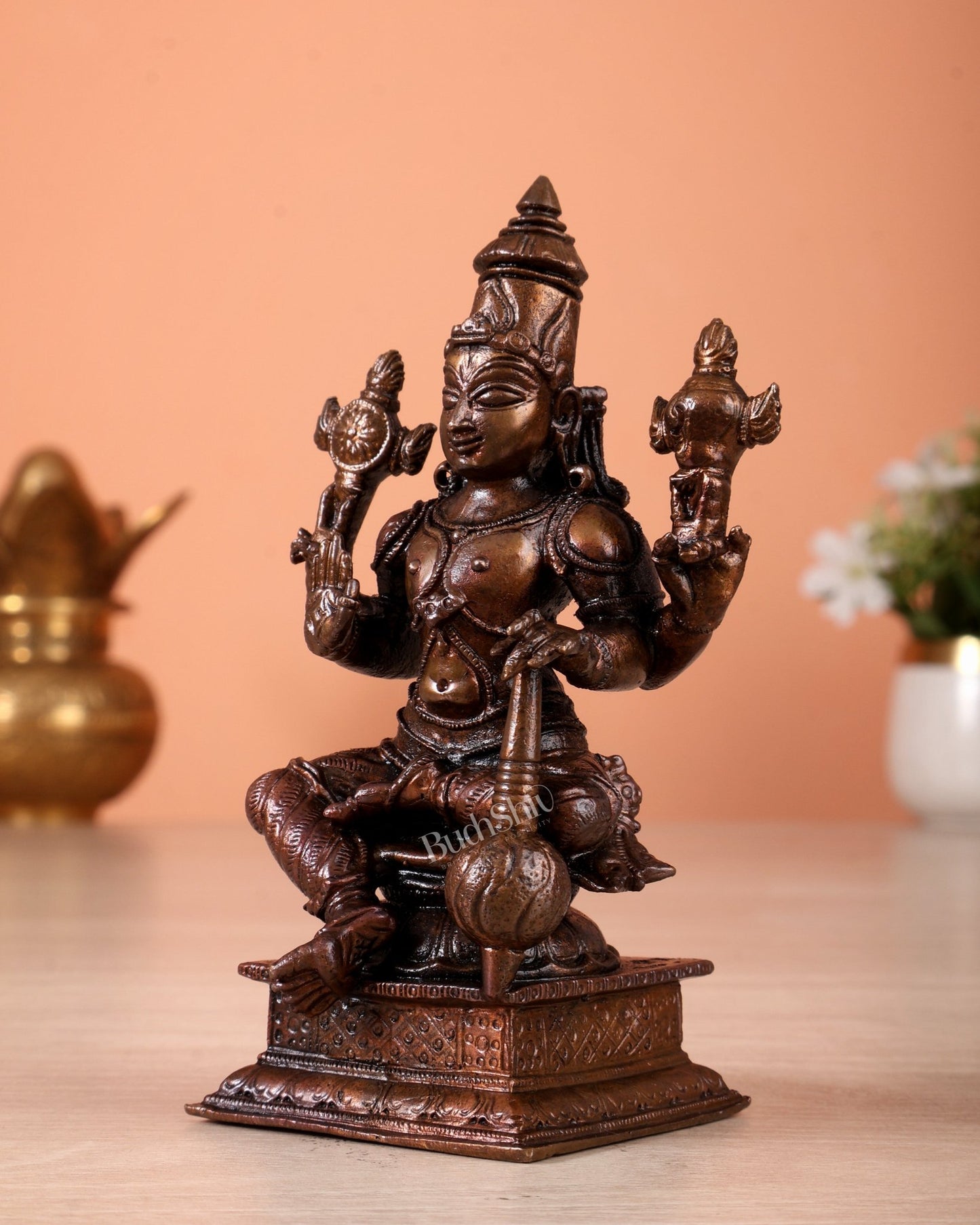 Pure Copper Lord Vishnu Seated Idol – Preserver of the Universe Sculpture (4.5 Inches) - Budhshiv.com