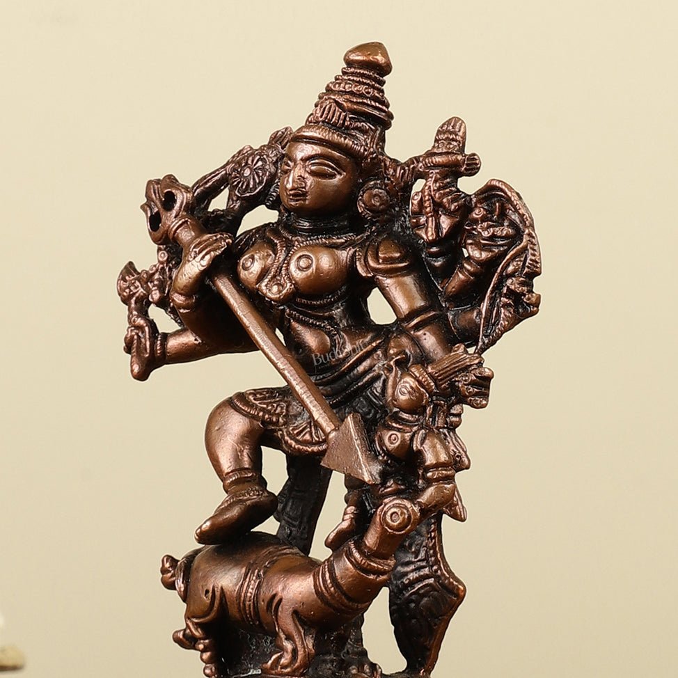 Pure Copper Mahisasur Mardini Durga Ma Idol - 5" - Budhshiv.com