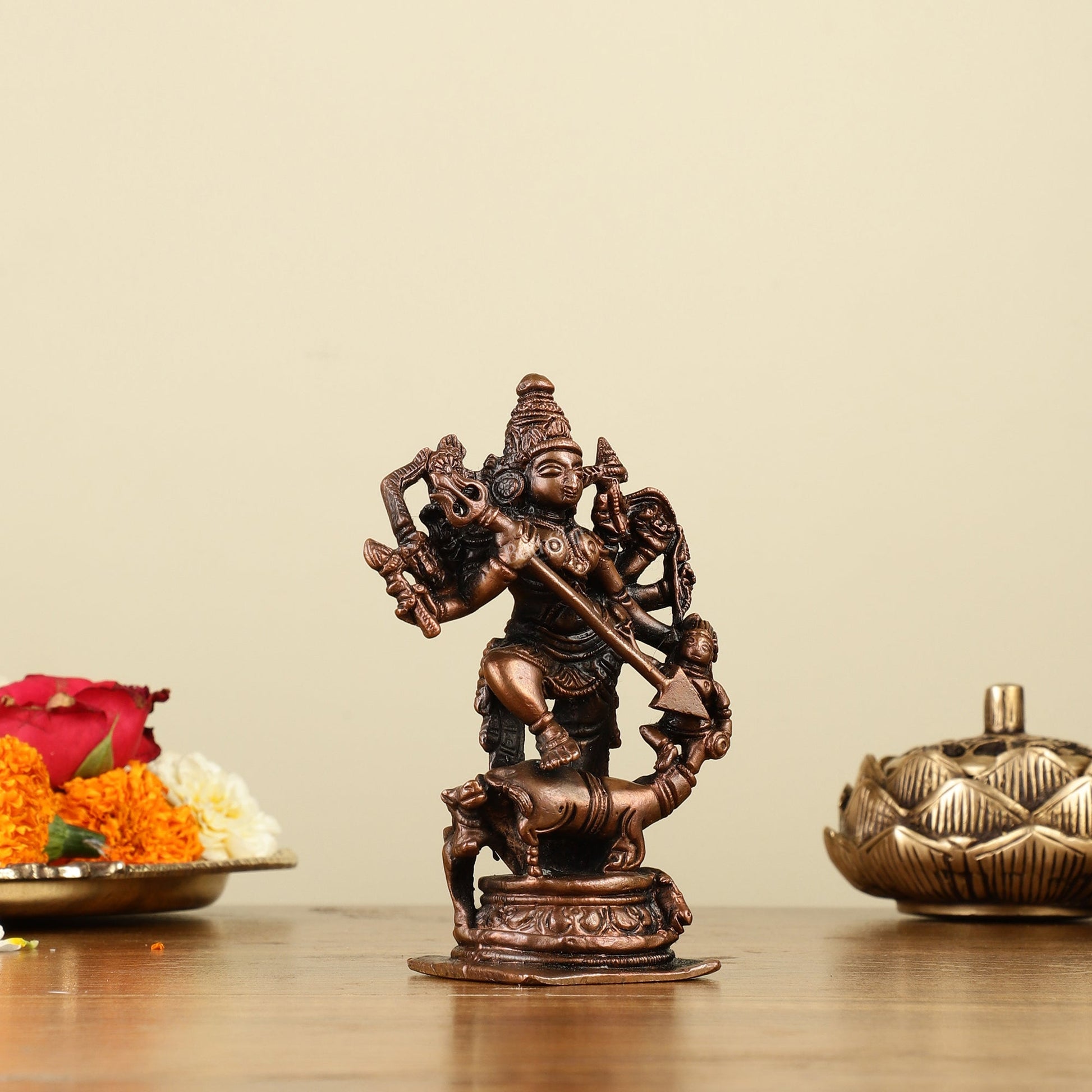 Pure Copper Mahisasur Mardini Durga Ma Idol - 5" - Budhshiv.com