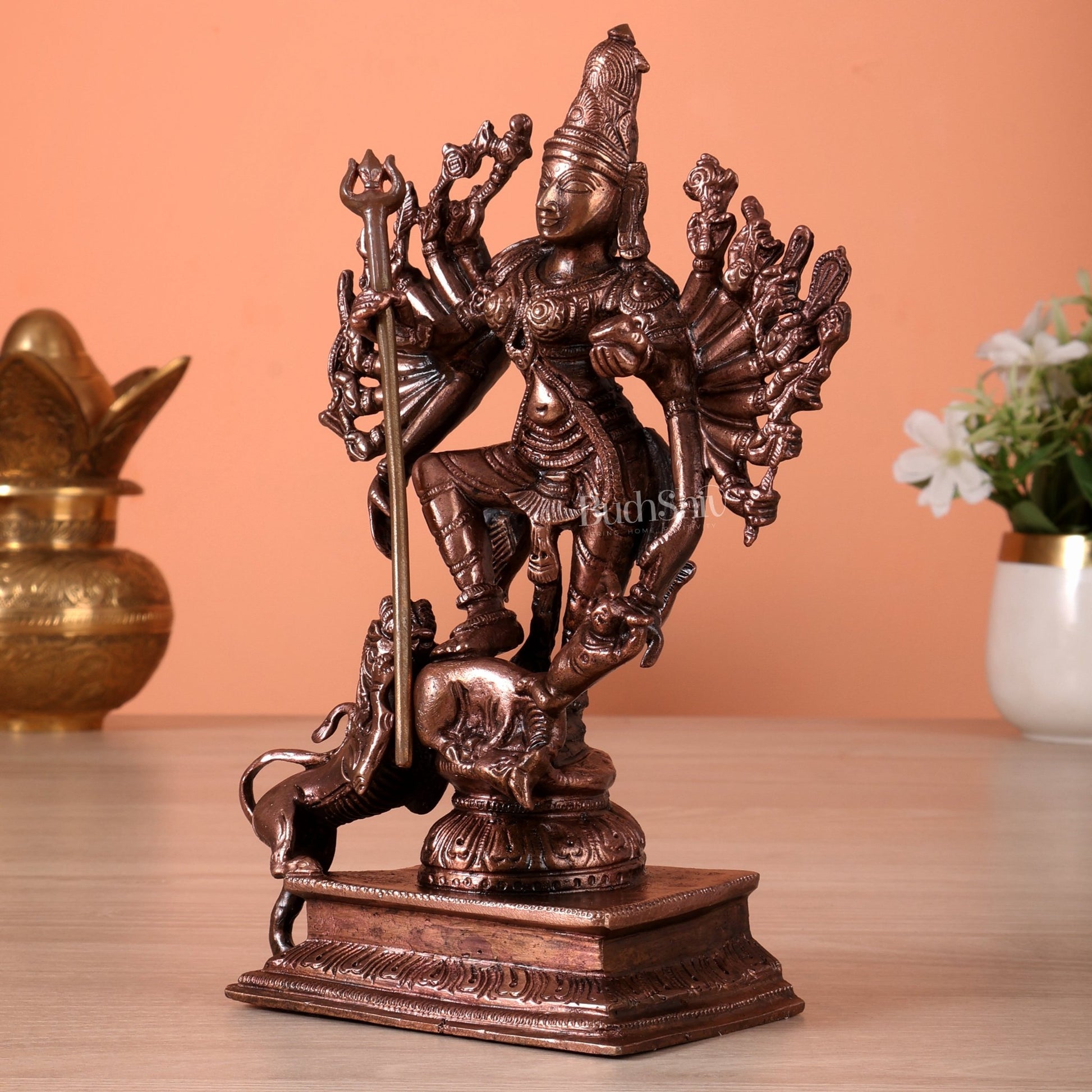 Pure Copper Mahishasura Mardini Durga Idol (7.5 Inch, 1.477 Kg) - Budhshiv.com