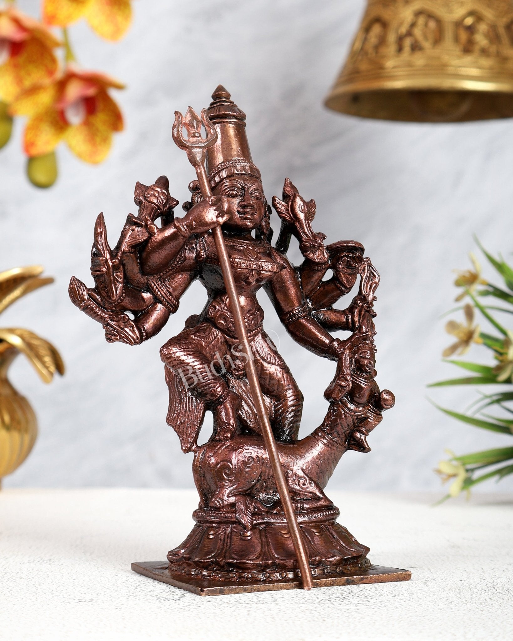Pure Copper Mahishasura Mardini Durga Idol – Divine Warrior Goddess Sculpture (6 Inches) - Budhshiv.com
