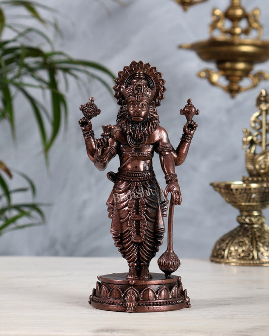 Pure Copper Narasimha Idol Standing with Gada 6 inch - Budhshiv.com