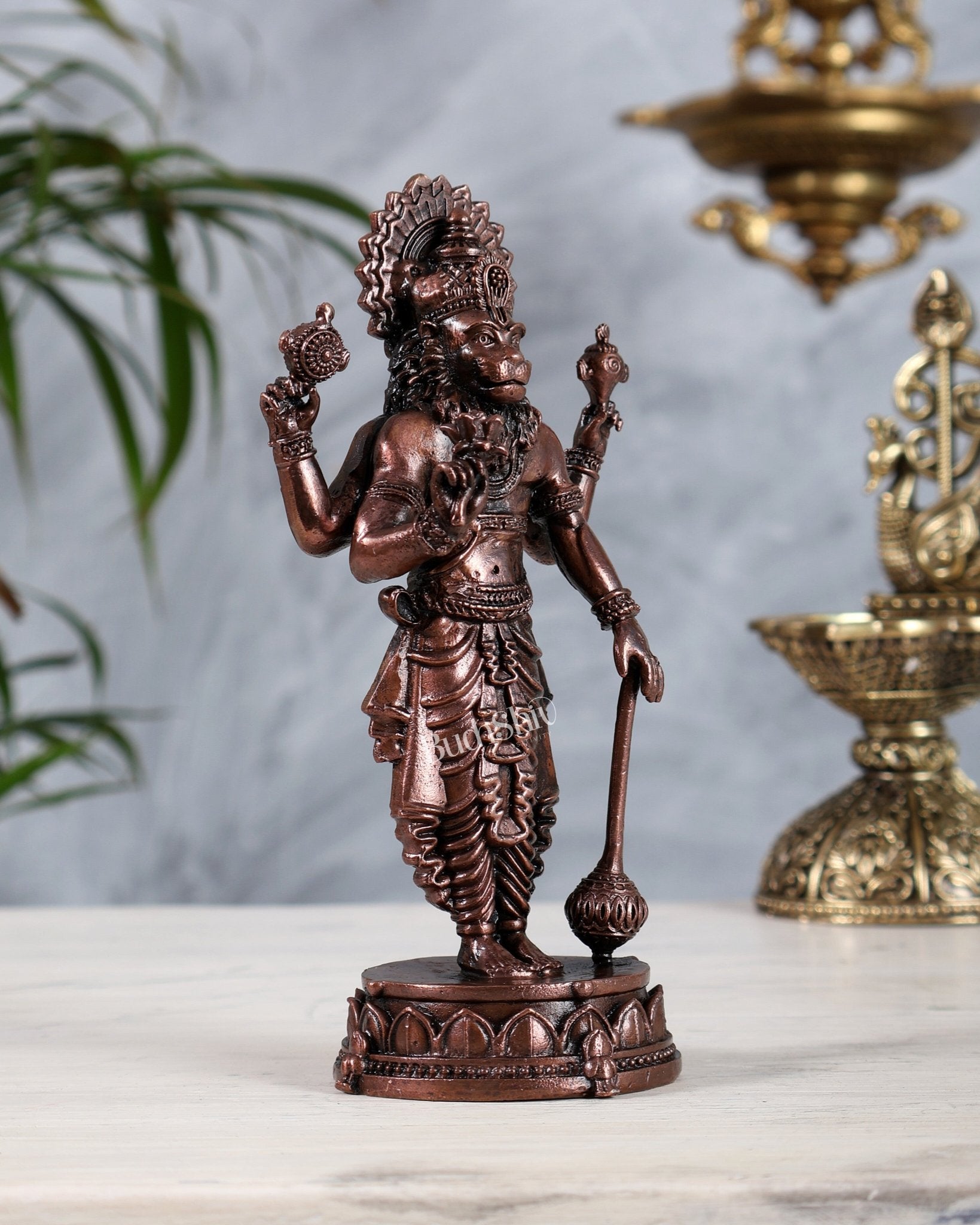 Pure Copper Narasimha Idol Standing with Gada 6 inch - Budhshiv.com