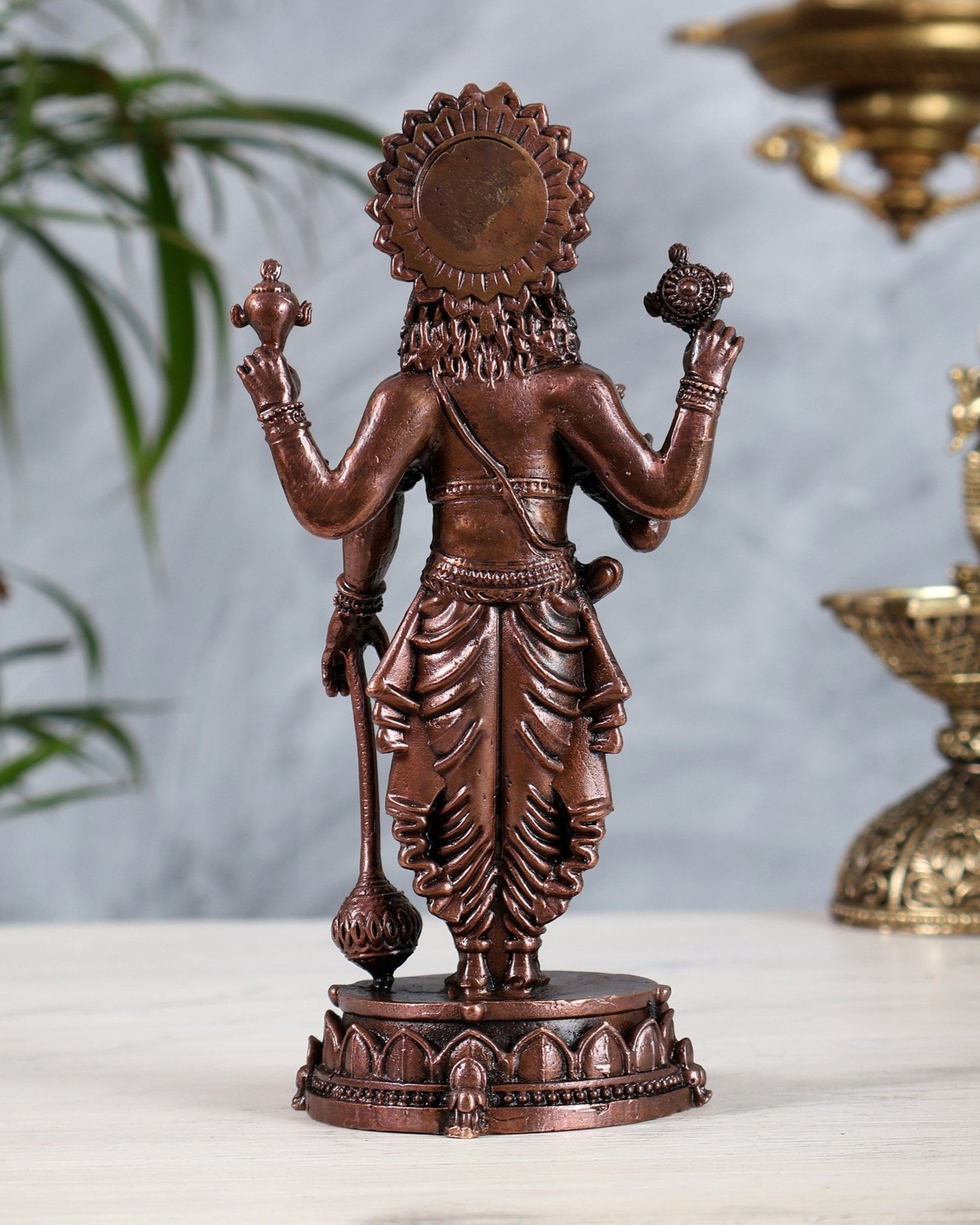 Pure Copper Narasimha Idol Standing with Gada 6 inch - Budhshiv.com