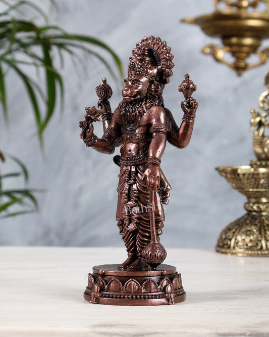 Pure Copper Narasimha Idol Standing with Gada 6 inch - Budhshiv.com