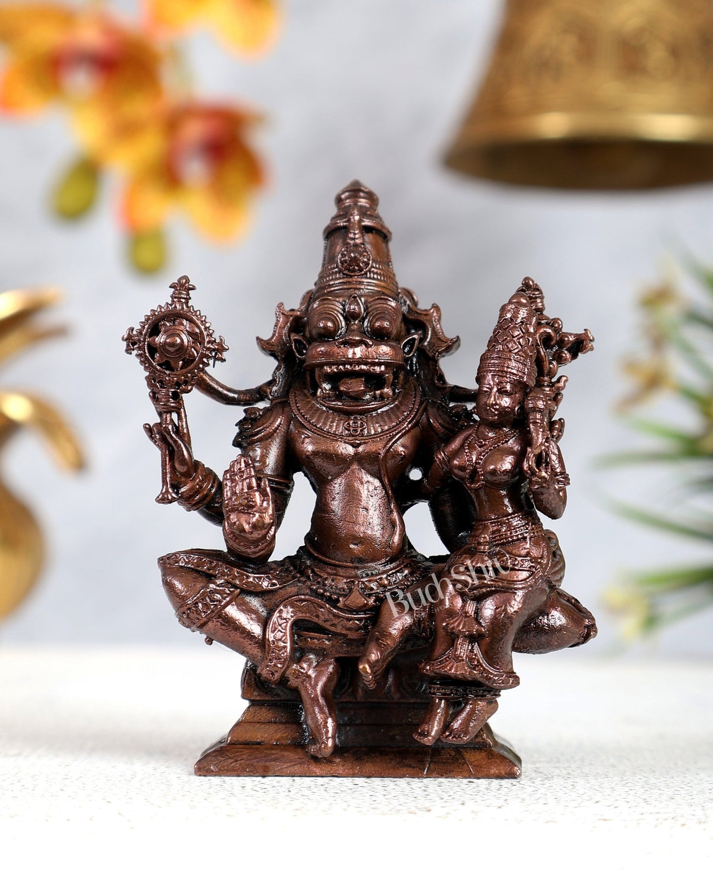 Pure Copper Narasimha Lakshmi Idol – Divine Protection & Prosperity Sculpture (3 Inches) - Budhshiv.com