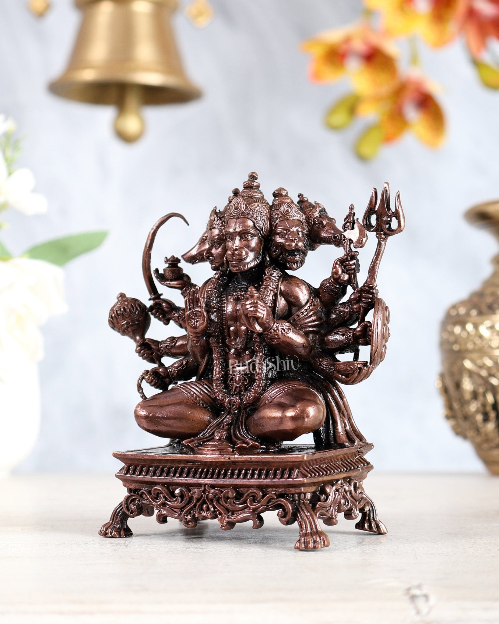 Pure Copper Panchmukhi Hanuman Idol – Crossed Legs Posture 4.5" - Budhshiv.com
