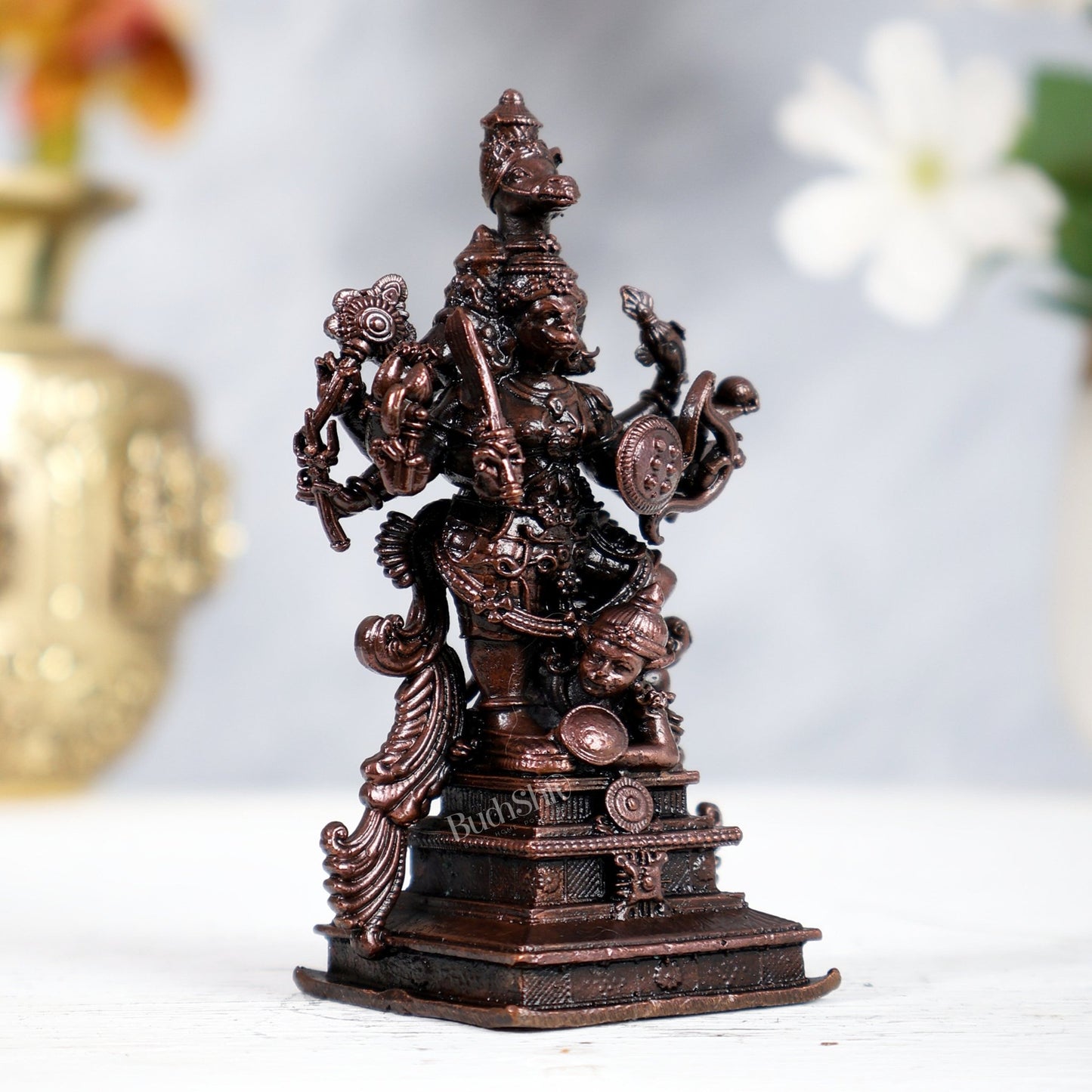 Pure Copper Panchmukhi Hanuman Idol – Rare Aviravan Vadha Form (4 Inches) - Budhshiv.com