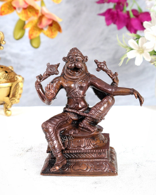 Pure Copper Relaxing Smiling Narasimha Idol – Solid Handcrafted Divine Sculpture (5 Inches) - Budhshiv.com