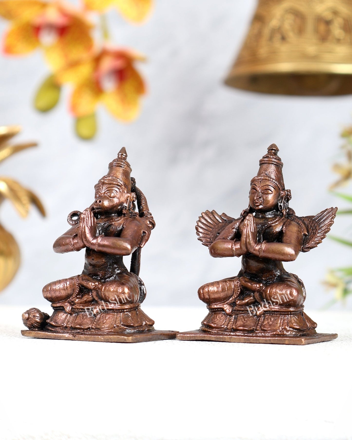 Pure Copper Sitting Hanuman & Garuda Idol Pair – Divine Protection Miniature Set (2.5 Inches) - Budhshiv.com