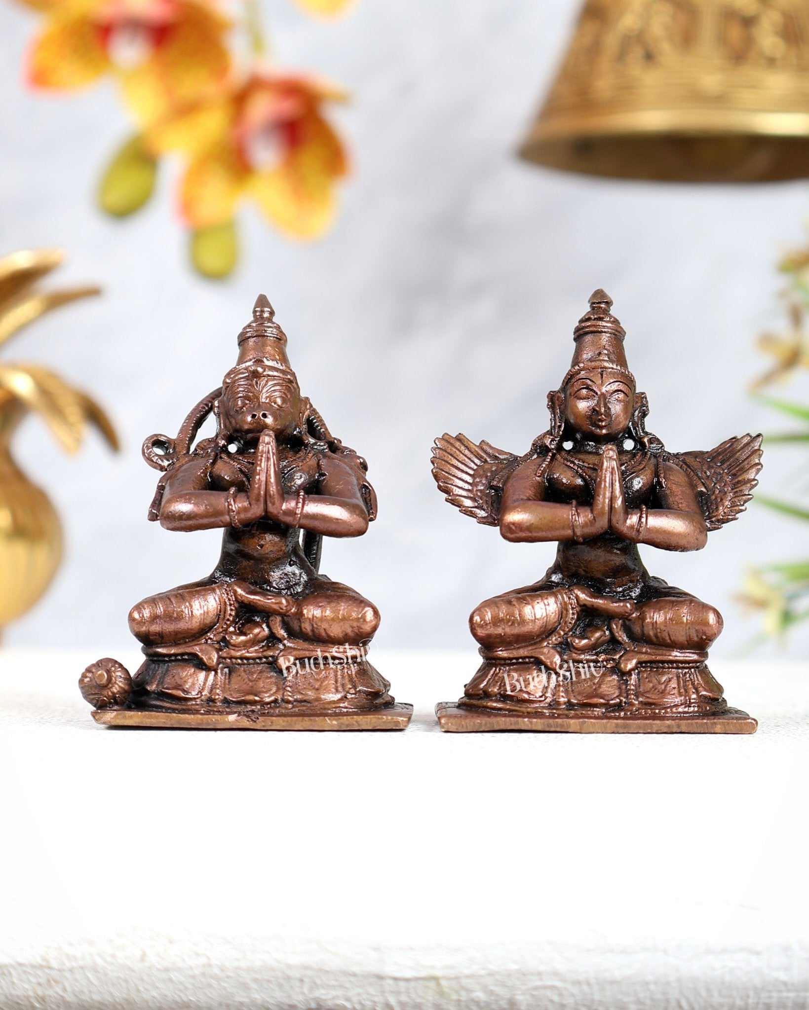 Pure Copper Sitting Hanuman & Garuda Idol Pair – Divine Protection Miniature Set (2.5 Inches) - Budhshiv.com