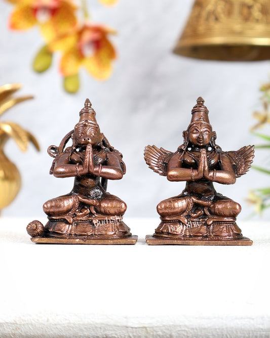 Pure Copper Sitting Hanuman & Garuda Idol Pair – Divine Protection Miniature Set (2.5 Inches) - Budhshiv.com