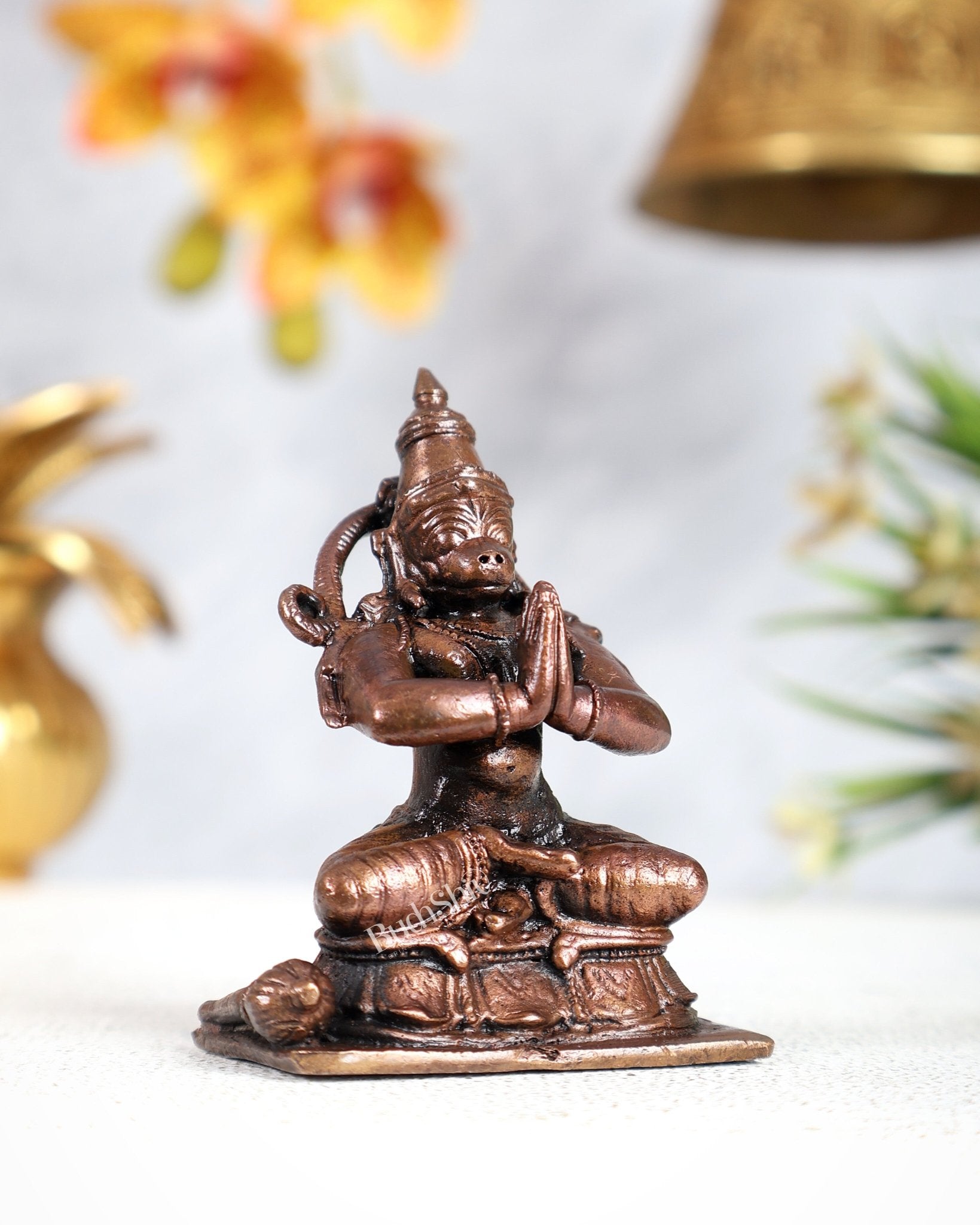 Pure Copper Sitting Hanuman Idol – Divine Devotional Sculpture (2.5 Inches) - Budhshiv.com