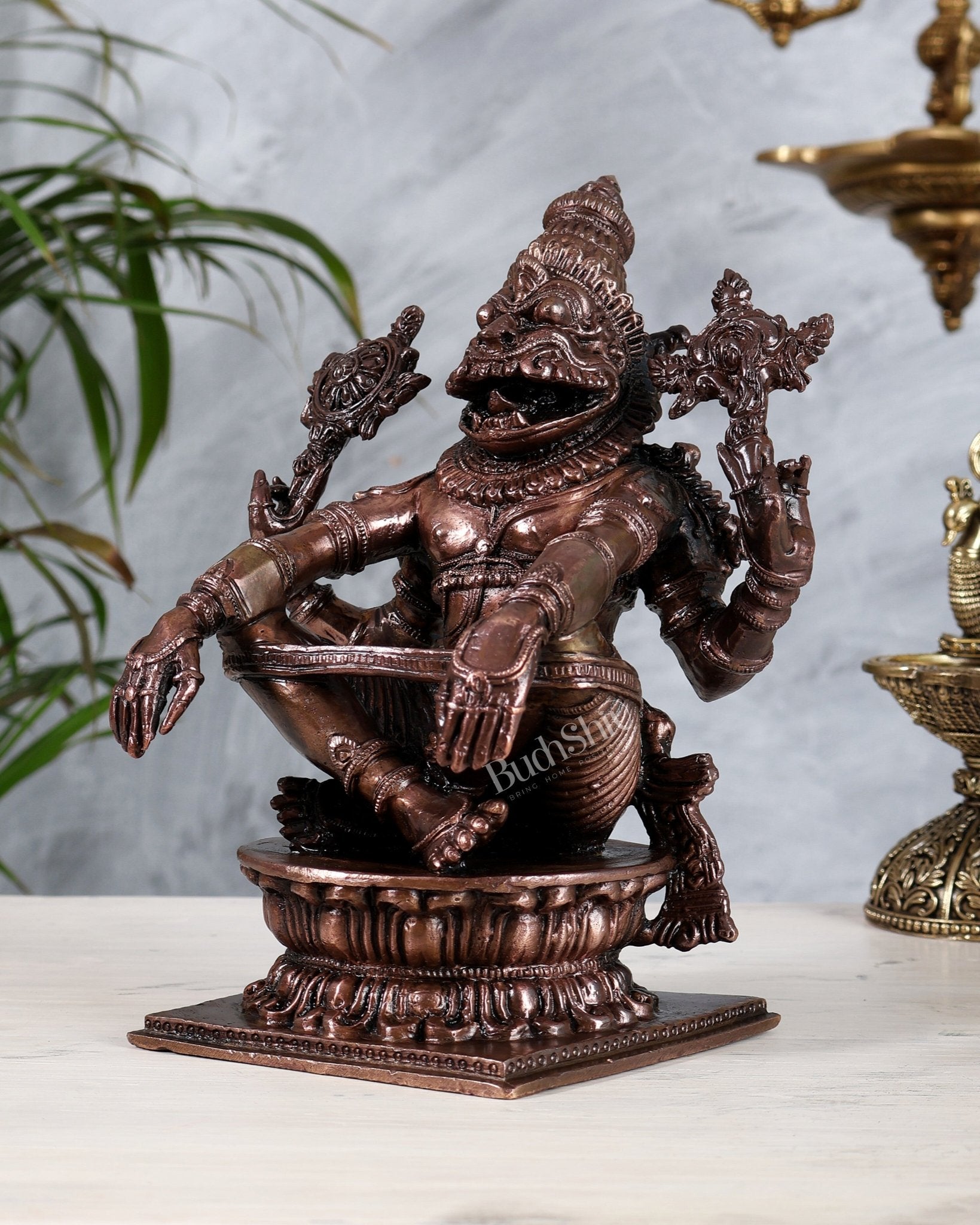 Pure Copper Solid Yoga Narasimha Idol – Large & Heavy 7.5 inch - Budhshiv.com