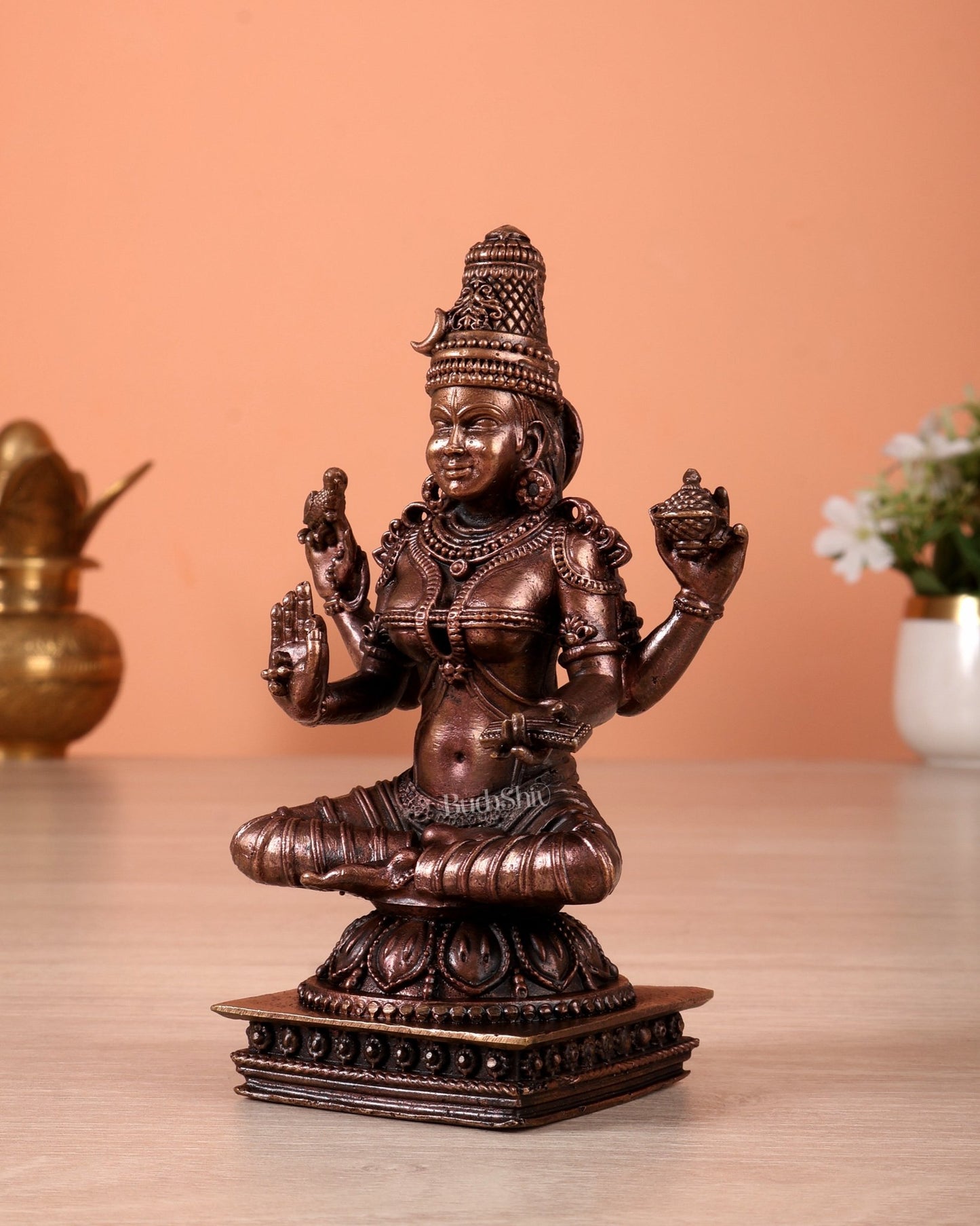 Pure Copper Sringeri Sharada Devi Mahavidya Roopam Idol – Saraswati Form Without Veena Statue 5" - Budhshiv.com
