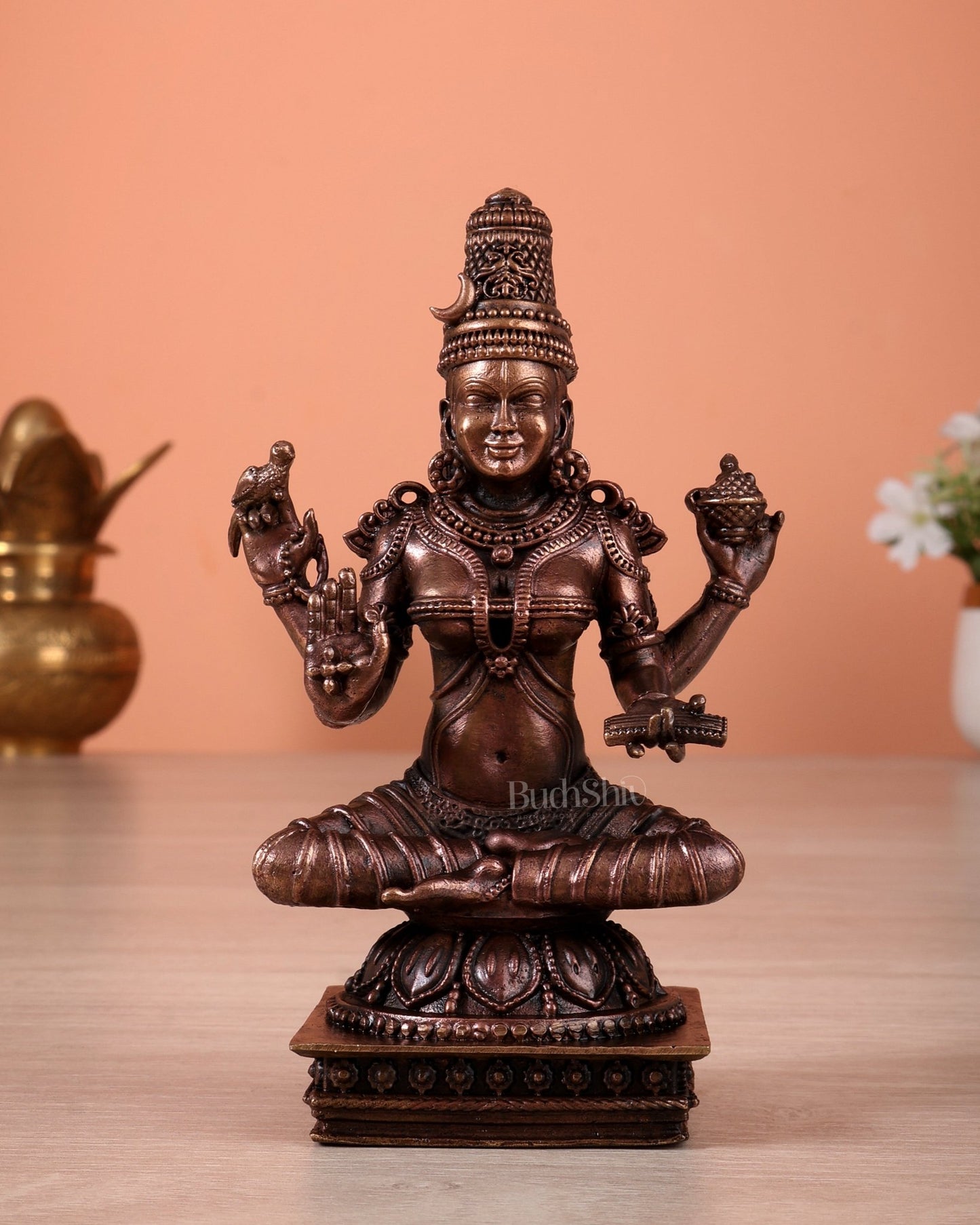 Pure Copper Sringeri Sharada Devi Mahavidya Roopam Idol – Saraswati Form Without Veena Statue 5" - Budhshiv.com