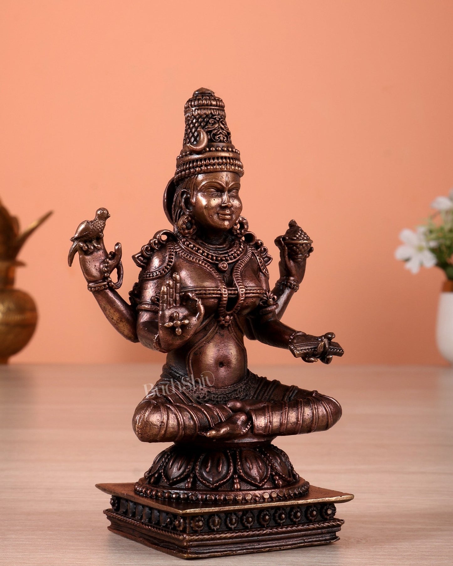 Pure Copper Sringeri Sharada Devi Mahavidya Roopam Idol – Saraswati Form Without Veena Statue 5" - Budhshiv.com