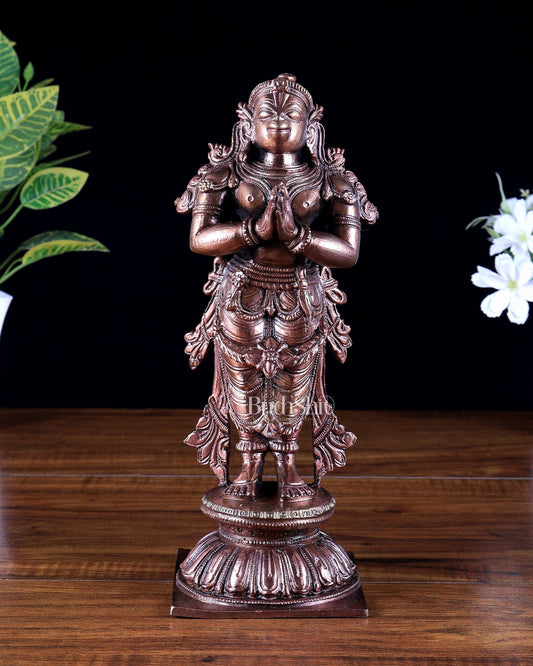 Pure Copper Standing Anjaneya Hanuman Idol | Anjali Namaskar Mudra Murti 9.5 inch - Budhshiv.com