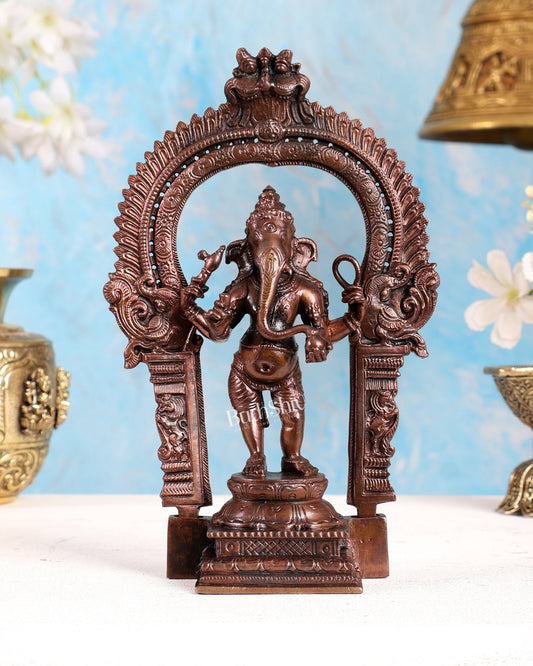 Pure Copper Standing Ganesha Idol with Prabhavali – Divine Temple Statue (7.5 Inches) - Budhshiv.com