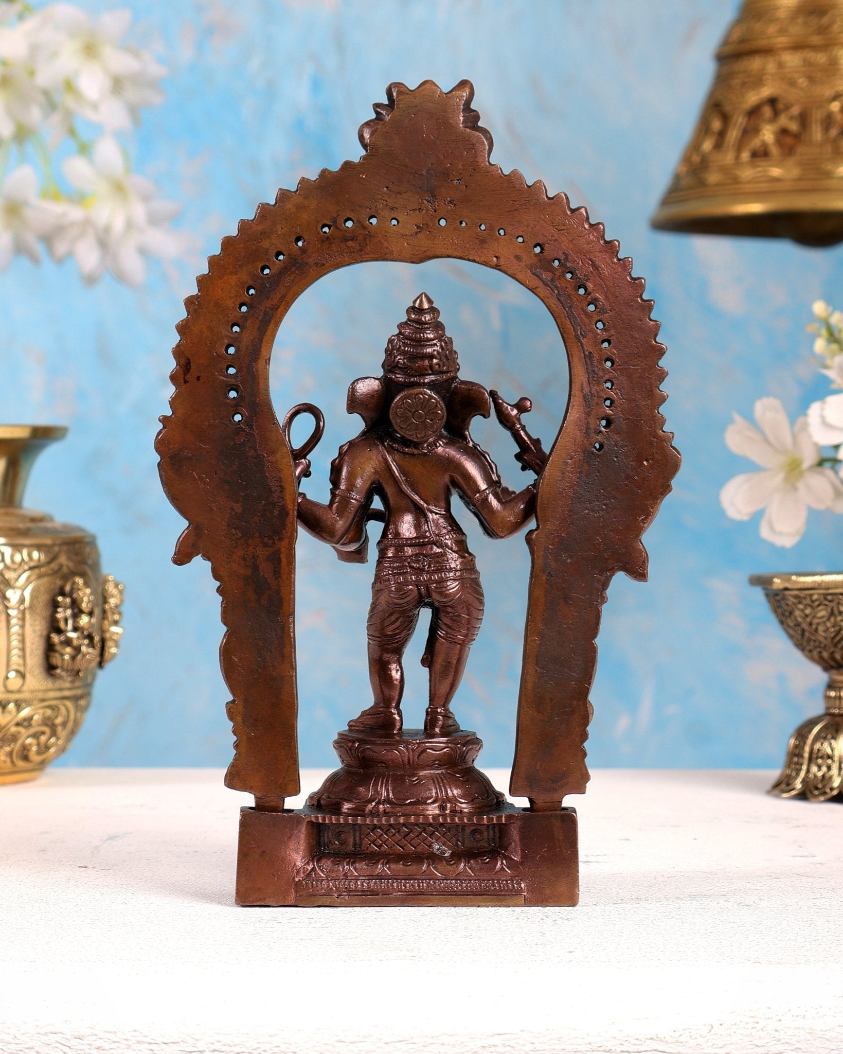 Pure Copper Standing Ganesha Idol with Prabhavali – Divine Temple Statue (7.5 Inches) - Budhshiv.com