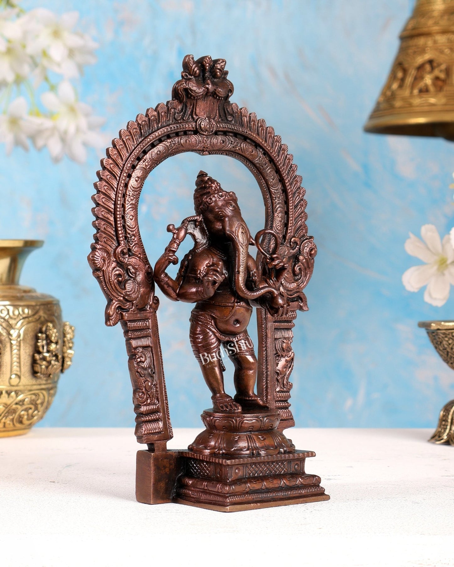 Pure Copper Standing Ganesha Idol with Prabhavali – Divine Temple Statue (7.5 Inches) - Budhshiv.com
