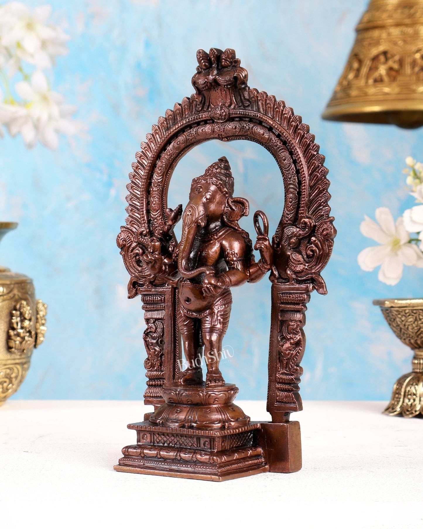 Pure Copper Standing Ganesha Idol with Prabhavali – Divine Temple Statue (7.5 Inches) - Budhshiv.com