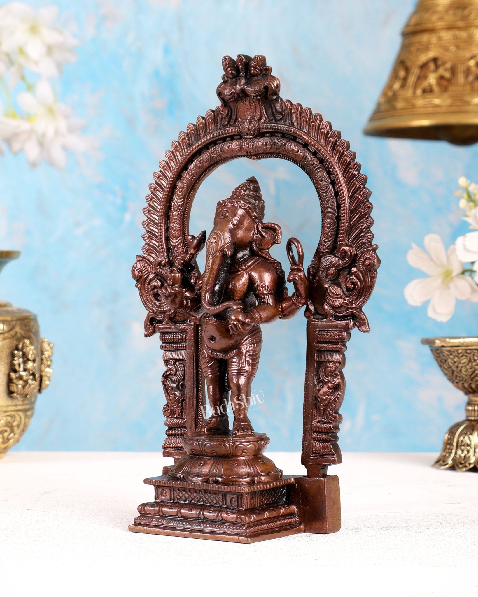 Pure Copper Standing Ganesha Idol with Prabhavali – Divine Temple Statue (7.5 Inches) - Budhshiv.com
