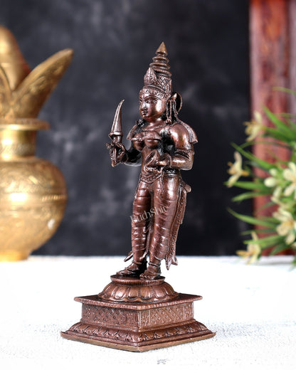 Pure Copper Standing Mariamman Idol – Handcrafted Divine Goddess Statue 5.5 inch - Budhshiv.com