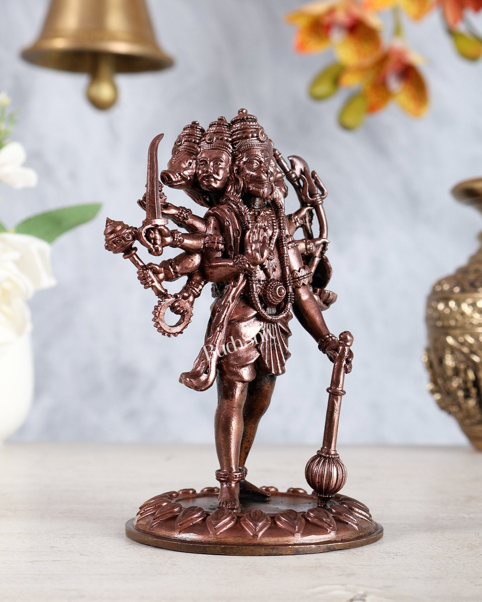 Pure Copper Standing Panchmukhi Hanuman Idol – Enhanced Carvings 5" - Budhshiv.com