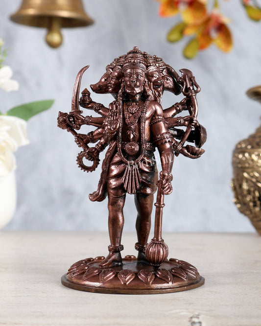 Pure Copper Standing Panchmukhi Hanuman Idol – Enhanced Carvings 5" - Budhshiv.com
