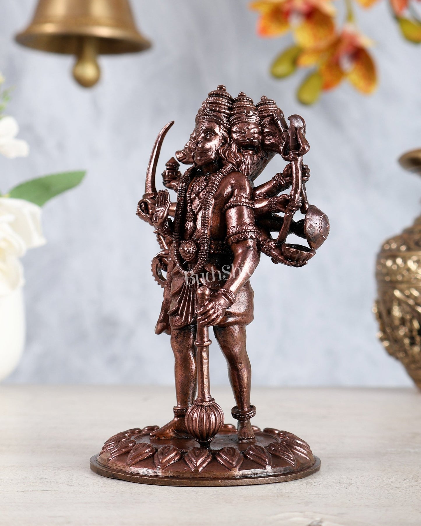 Pure Copper Standing Panchmukhi Hanuman Idol – Enhanced Carvings 5" - Budhshiv.com